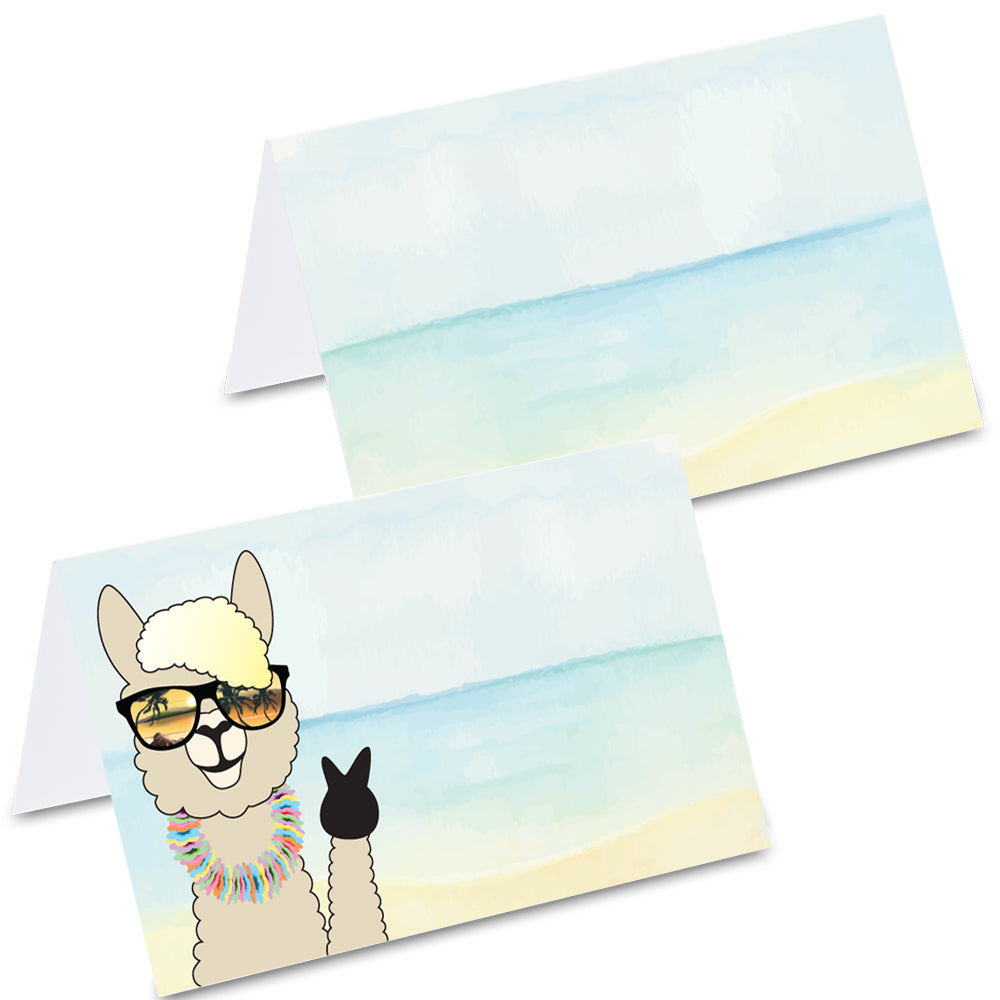 tischkarte "alpaka holiday", comic alpaka mit sonnenbrille am strand auf vorderseite,  strandaufdruck auf rückseite