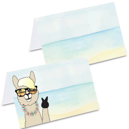 tischkarte "alpaka holiday", comic alpaka mit sonnenbrille am strand auf vorderseite,  strandaufdruck auf rückseite