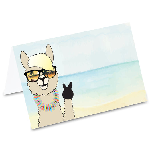 tischkarte "alpaka holiday", comic alpaka mit sonnenbrille am strand auf vorderseite