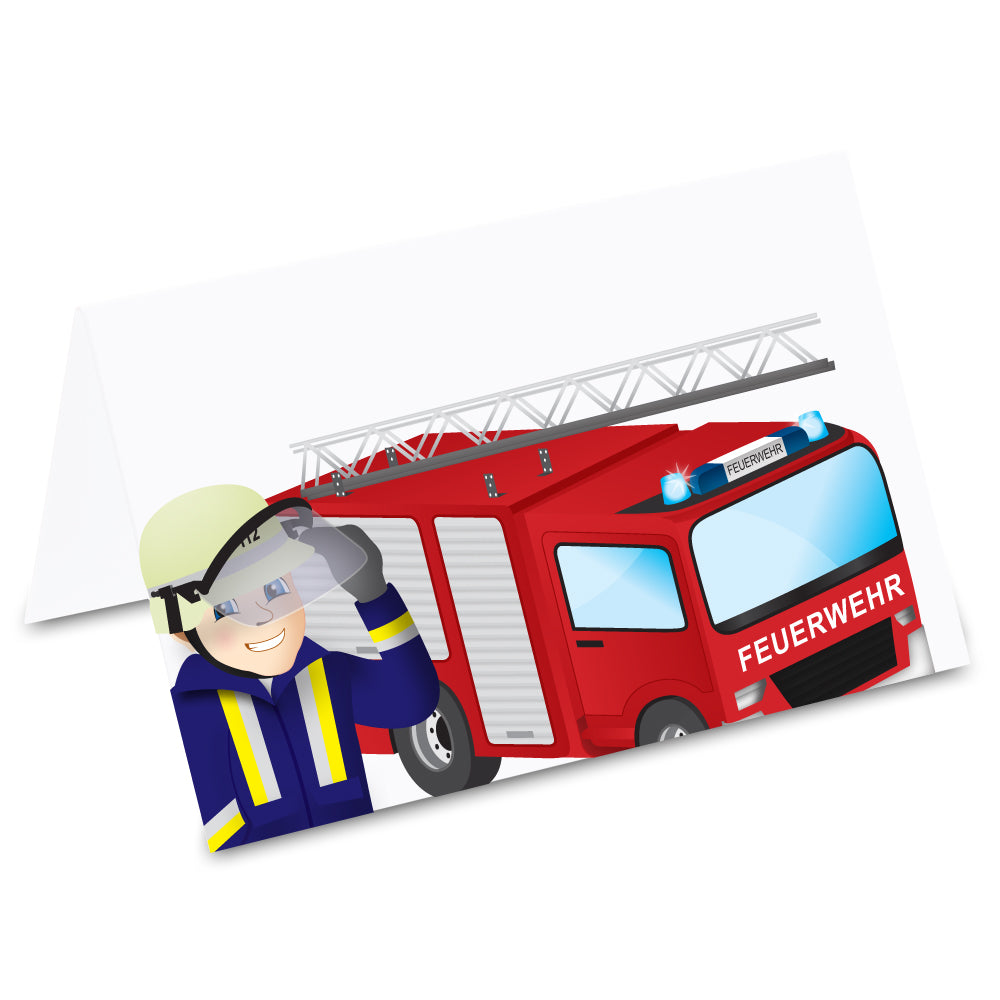 tischkarte "feuerwehrauto", feuerwehrauto und feuerwehrmann im comicstil auf vorderseite