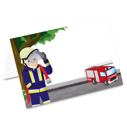 tischkarte "feuerwehrmann", feuerwehrauto und feuerwehrmann im comicstil auf vorderseite