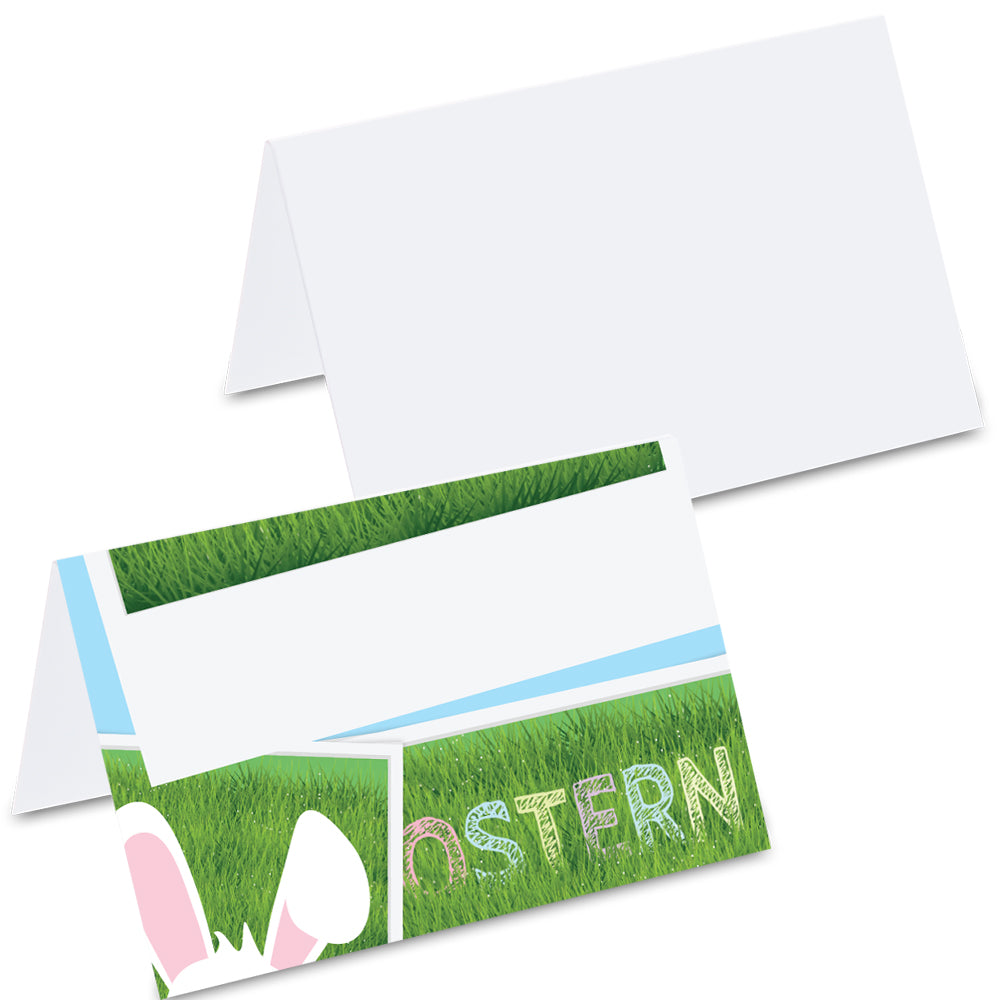 tischkarte "osterhase öhrchen, hasenohren auf polaroid mit wiese und aufdruck "ostern" auf vorderseite, rückseite weiß