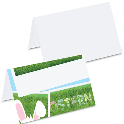 tischkarte "osterhase öhrchen, hasenohren auf polaroid mit wiese und aufdruck "ostern" auf vorderseite, rückseite weiß