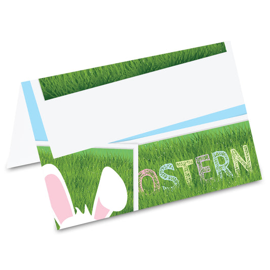 tischkarte "osterhase öhrchen, hasenohren auf polaroid mit wiese und aufdruck "ostern" auf vorderseite
