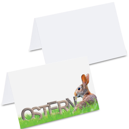 tischkarte "osterhase feld, hase auf feld und aufdruck "ostern" auf vorderseite, rückseite weiß