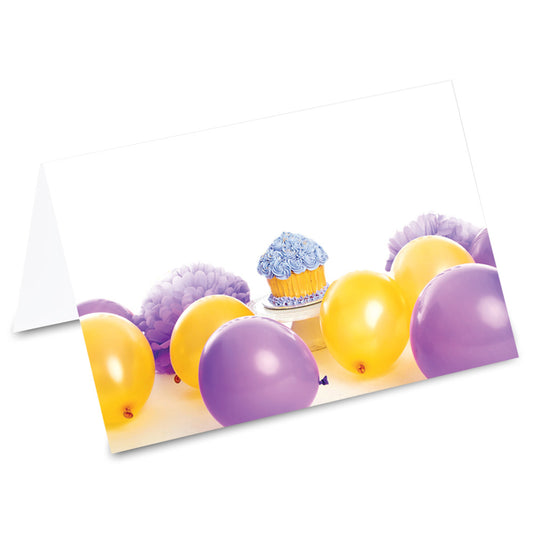 tischkarte "cupcakes und ballon", gelbe und lila ballons mit cupcake auf vorderseite
