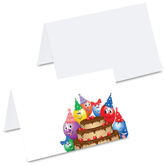 tischkarte "schokoladige party", bunte ballons und schokotorte im comicstil auf vorderseite, rückseite weiß 