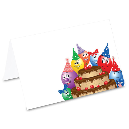 tischkarte "schokoladige party", bunte ballons und schokotorte im comicstil auf vorderseite