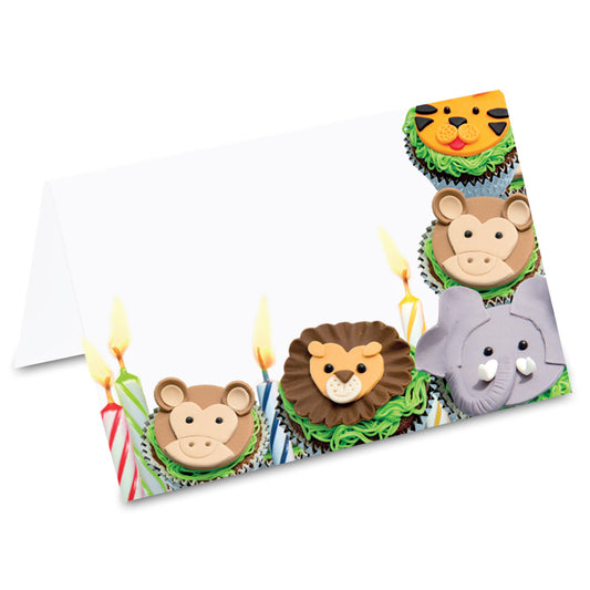 tischkarte "dschungel safari", cupcakes mit tiermotiven und kerzen auf vorderseite
