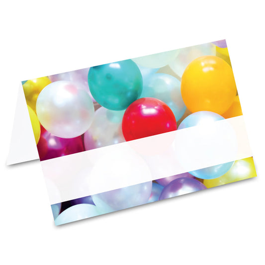 tischkarte "ballon party", bunte ballons auf vorderseite