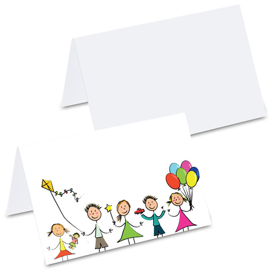 tischkarte "kindergeburtstag", bunte geburtstagfamilie auf vorderseite, rückseite weiß 