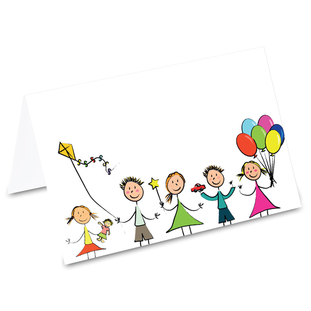 tischkarte "kindergeburtstag", bunte geburtstagfamilie auf vorderseite