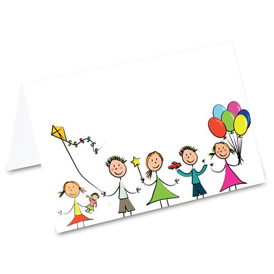 tischkarte "kindergeburtstag", bunte geburtstagfamilie auf vorderseite