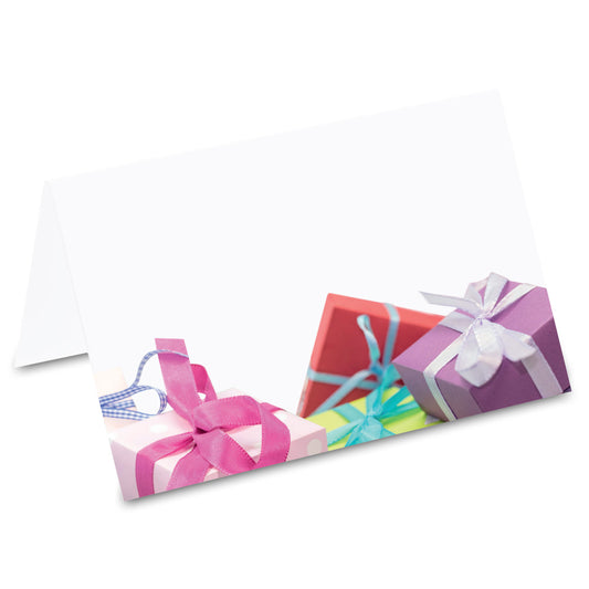 tischkarte "geschenke", bunte geschenke auf vorderseite unten