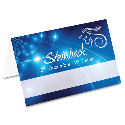 tischkarte sternzeichen steinbock, vorderseite, blau-weiße optik mit der aufschrift "steinbock" + geburtszeitraum
