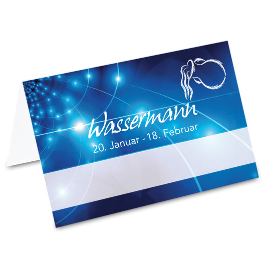 tischkarte sternzeichen wassermann, vorderseite, blau-weiße optik mit der aufschrift "wassermann" + geburtszeitraum
