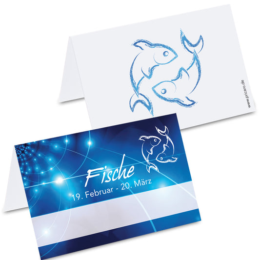 tischkarte sternzeichen fische, vorder- und rückseite, blau-weiße optik mit der aufschrift "fische" + geburtszeitraum, rückseite mit fische symbol
