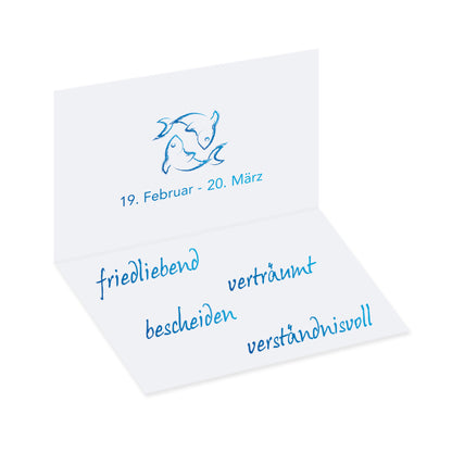tischkarte sternzeichen fische, innenansicht zeigt geburtszeitraum und charaktereigenschaften