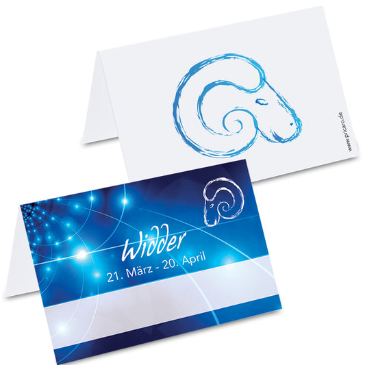 tischkarte sternzeichen widder, vorder- und rückseite, blau-weiße optik mit der aufschrift "widder" + geburtszeitraum, rückseite mit widder symbol