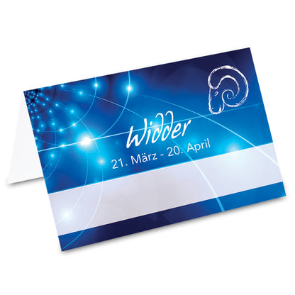 tischkarte sternzeichen widder, vorderseite, blau-weiße optik mit der aufschrift "widder" + geburtszeitraum