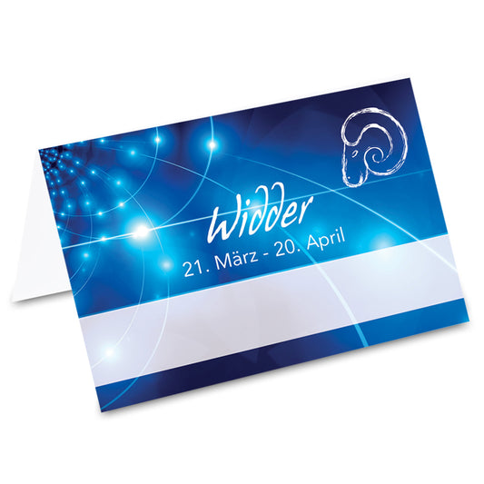 tischkarte sternzeichen widder, vorderseite, blau-weiße optik mit der aufschrift "widder" + geburtszeitraum