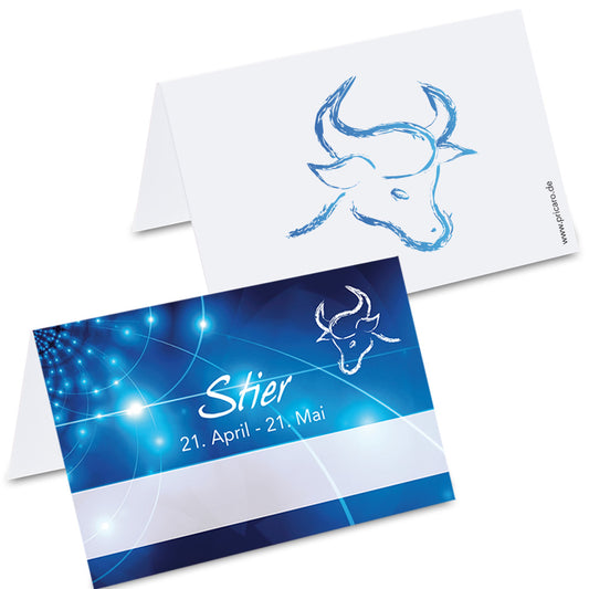 tischkarte sternzeichen stier, vorder- und rückseite, blau-weiße optik mit der aufschrift "stier" + geburtszeitraum, rückseite mit stiersymbol