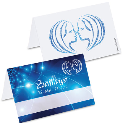 tischkarte sternzeichen zwillinge, vorder- und rückseite, blau-weiße optik mit der aufschrift "zwillinge" + geburtszeitraum, rückseite mit zwillingsymbol