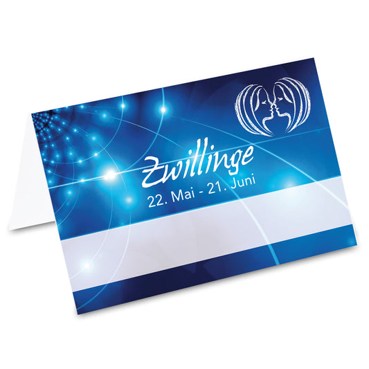 tischkarte sternzeichen zwilling, vorderseite, blau-weiße optik mit der aufschrift "zwilling" + geburtszeitraum
