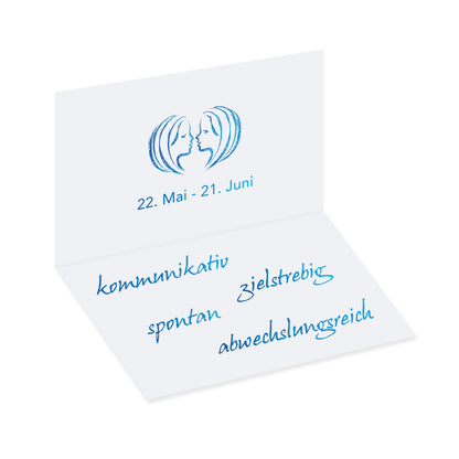 tischkarte sternzeichen zwilling, innenansicht zeigt geburtszeitraum und charaktereigenschaften