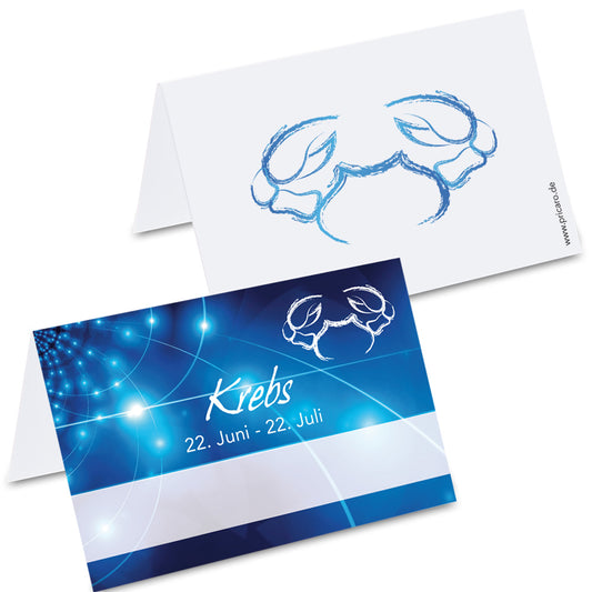 tischkarte sternzeichen krebs, vorder- und rückseite, blau-weiße optik mit der aufschrift "krebs" + geburtszeitraum, rückseite mit krebssymbol