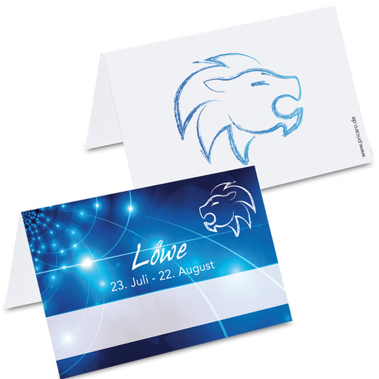 tischkarte sternzeichen löwe, vorder- und rückseite, blau-weiße optik mit der aufschrift "löwe" + geburtszeitraum, rückseite mit löwensymbol