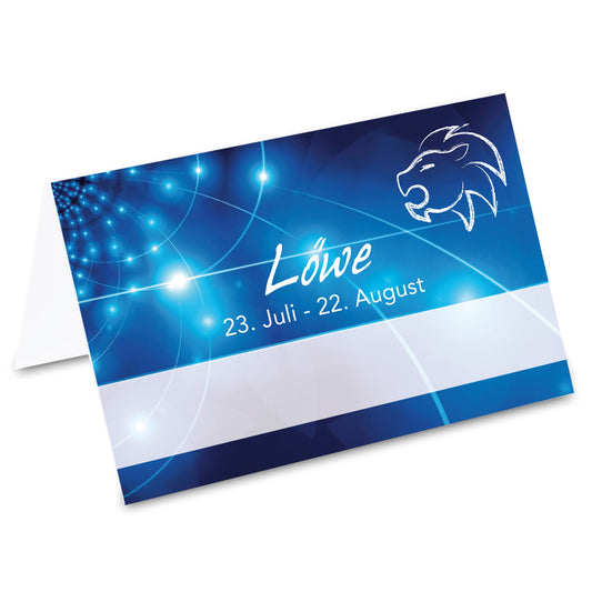 tischkarte sternzeichen löwe, vorderseite, blau-weiße optik mit der aufschrift "löwe" + geburtszeitraum