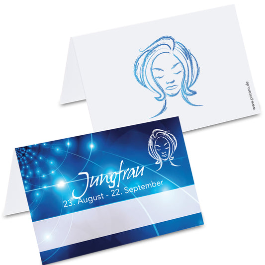 tischkarte sternzeichen jungfrau, vorder- und rückseite, blau-weiße optik mit der aufschrift "jungfrau" + geburtszeitraum, rückseite mit frauengesicht als jungfrau symbol