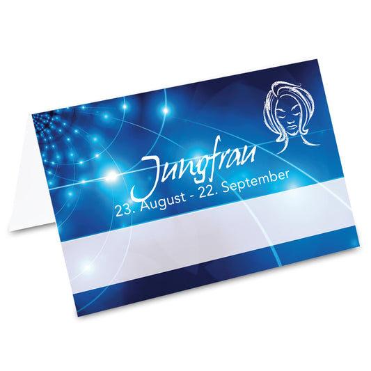 tischkarte sternzeichen jungfrau, vorderseite, blau-weiße optik mit der aufschrift "jungfrau" + geburtszeitraum