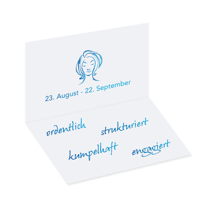 tischkarte sternzeichen jungfrau, innenansicht zeigt geburtszeitraum und charaktereigenschaften