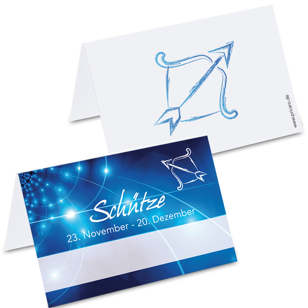 tischkarte sternzeichen schütze, vorder- und rückseite, blau-weiße optik mit der aufschrift "schütze" + geburtszeitraum, rückseite mit schützensymbol