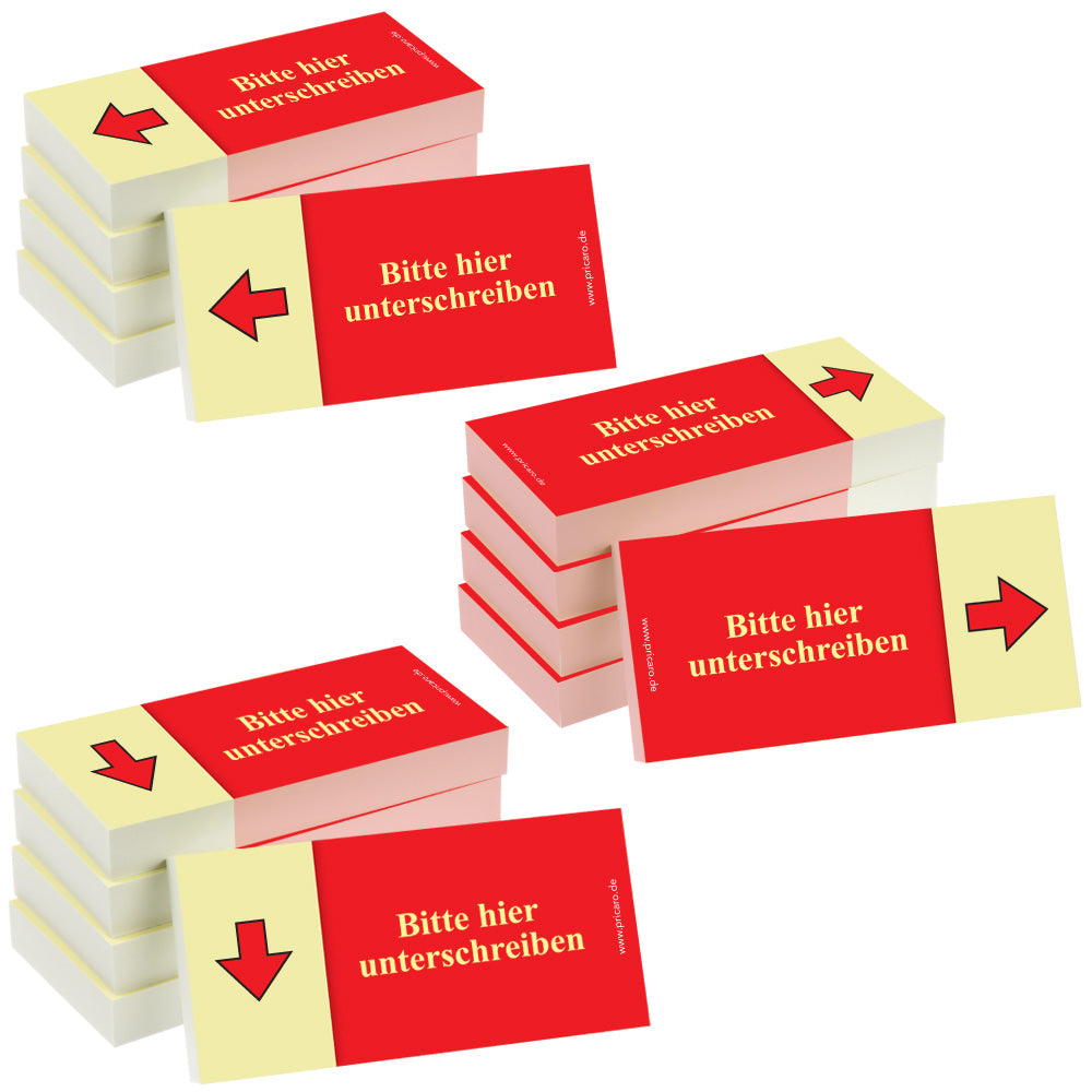 haftnotiz schmal, aufdruck "bitte hier unterschreiben", pfeil links, rechts, unten  gelb-rote optik, 5er set