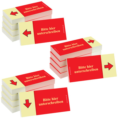 haftnotiz schmal, aufdruck "bitte hier unterschreiben", pfeil links, rechts, unten  gelb-rote optik, 5er set