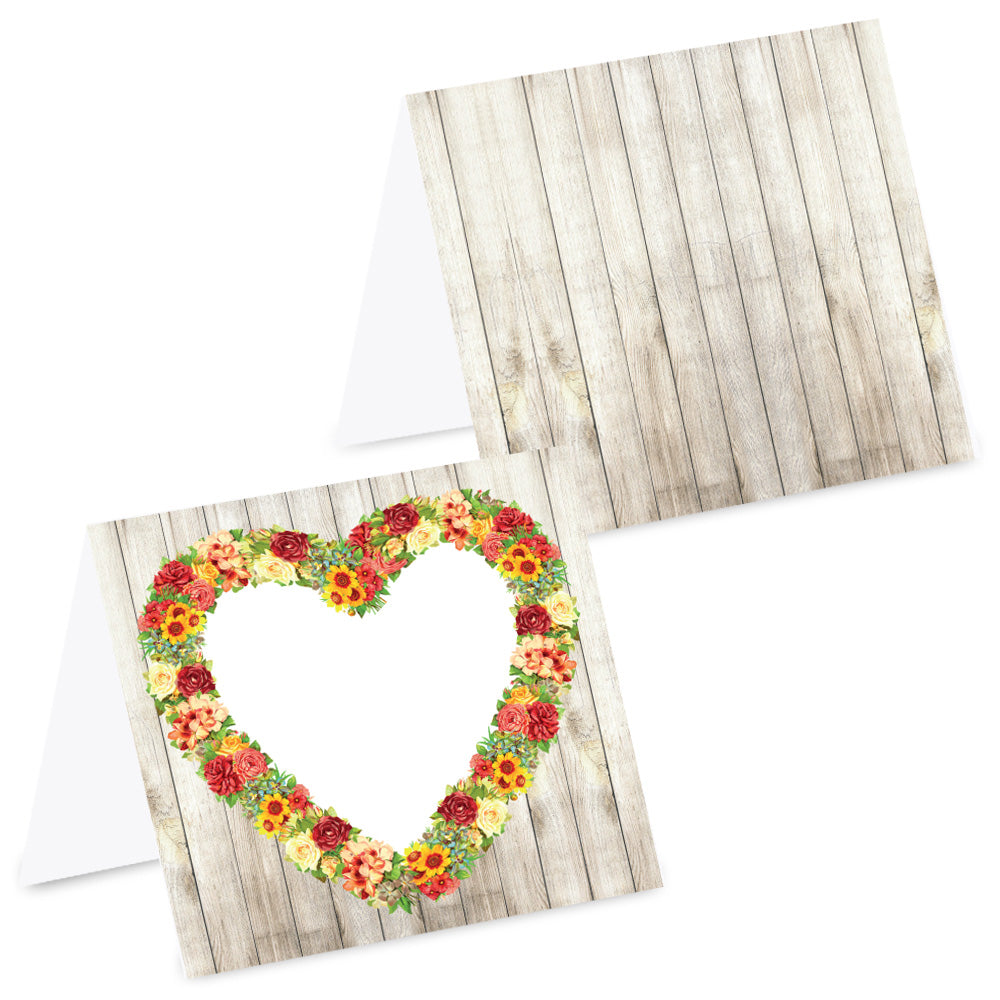 tischkarte floral vintage mit blumenherz, vorder- und rückseite