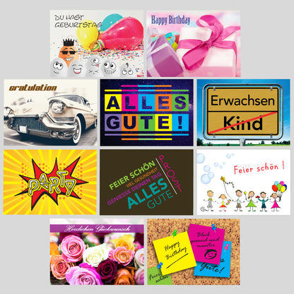 geburtstagskarten, klappkarten, motiv 3, 10 verschiedene motive, frontansicht