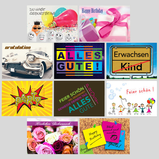 geburtstagskarten, klappkarten, motiv 3, 10 verschiedene motive, frontansicht