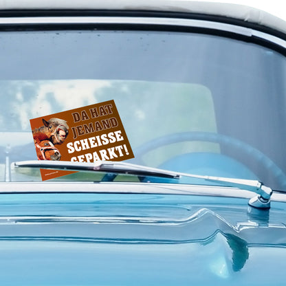 flyer scheisse geparkt "pferde" mit der aufschrift "da hat jemand scheisse geparkt", an windschutzscheibe