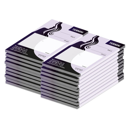 terminblöcke für friseure, lila-schwarze optik, spalten für datum und uhrzeit, freifeld für einen stempel, 20er set