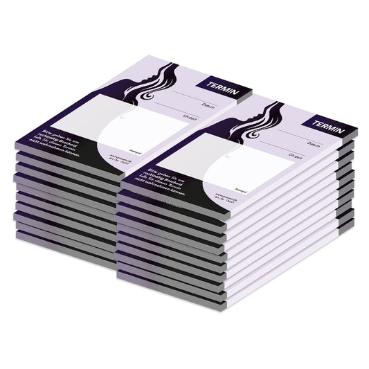 terminblöcke für friseure, lila-schwarze optik, spalten für datum und uhrzeit, freifeld für einen stempel, 20er set