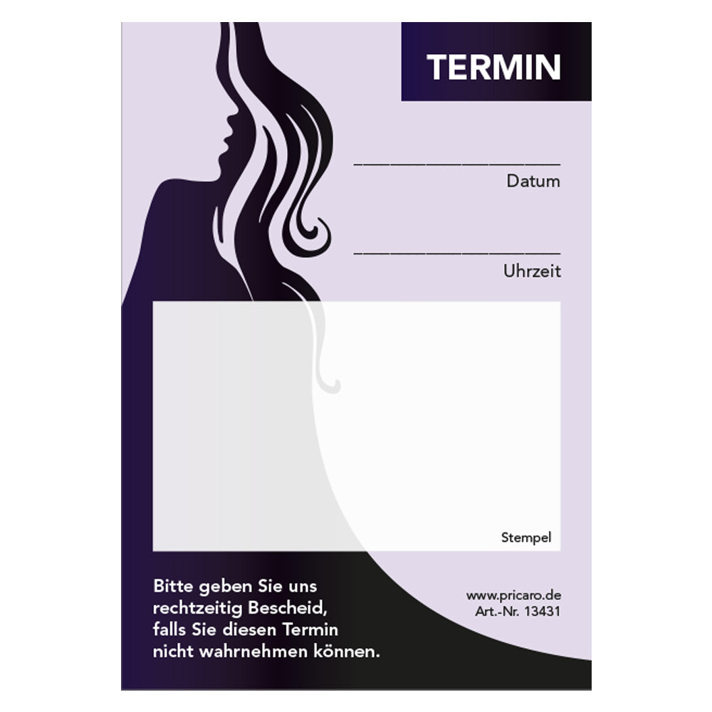 terminblöcke für friseure, lila-schwarze optik, spalten für datum und uhrzeit, freifeld für einen stempel, frontansicht