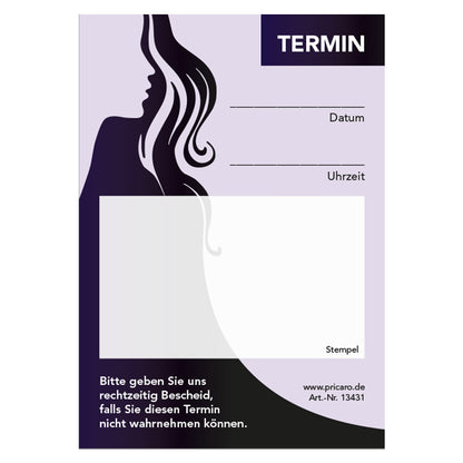 terminblöcke für friseure, lila-schwarze optik, spalten für datum und uhrzeit, freifeld für einen stempel, frontansicht