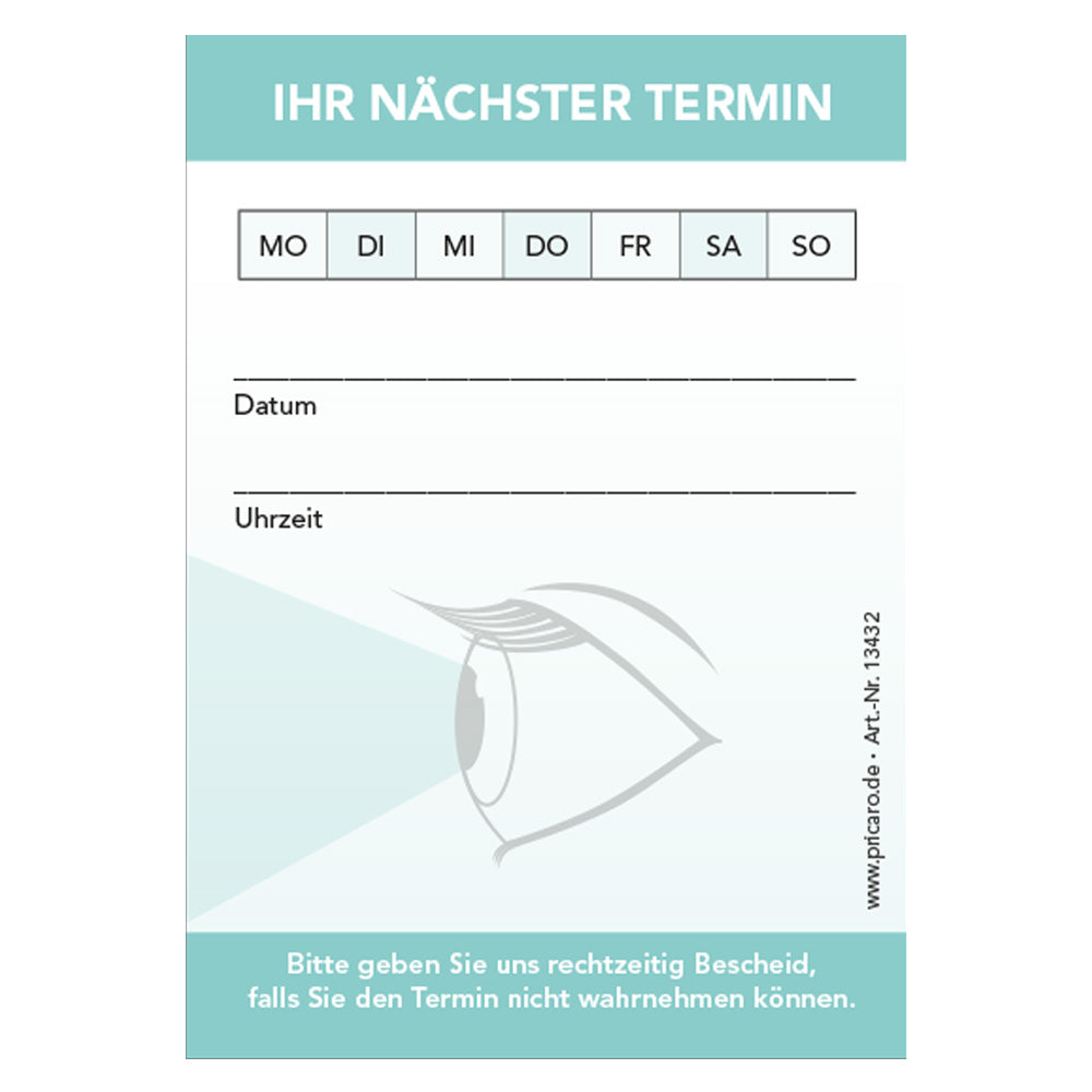 terminblöcke "blickfeld" für augenärzte, weiß-grüne optik, felder mo-so zum ankreuzen, spalten für datum und uhrzeit, freifeld für einen stempel, frontansicht