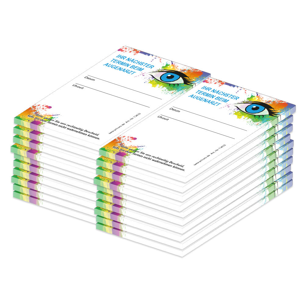terminblöcke "farbspiel" für augenärzte, bunte optik, spalten für datum und uhrzeit, freifeld für einen stempel, 20er set
