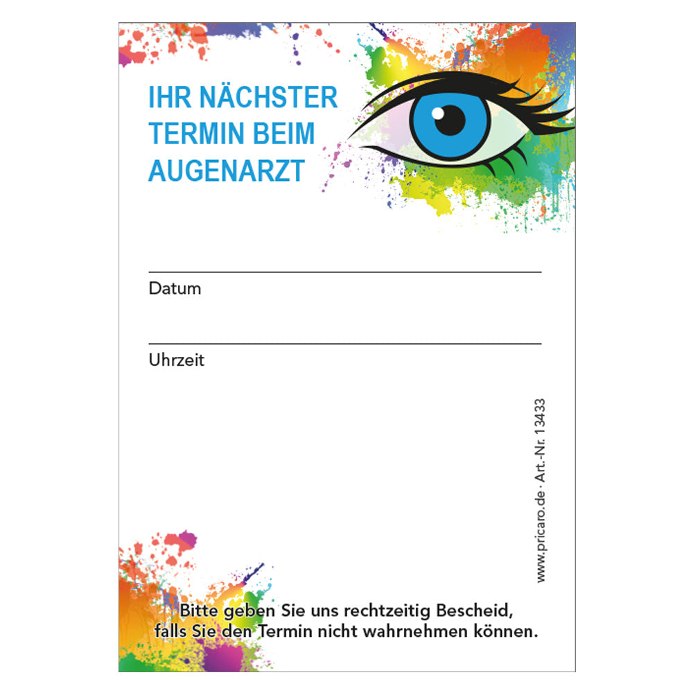 terminblöcke "farbspiel" für augenärzte, bunteoptik, spalten für datum und uhrzeit, freifeld für einen stempel, 20er set