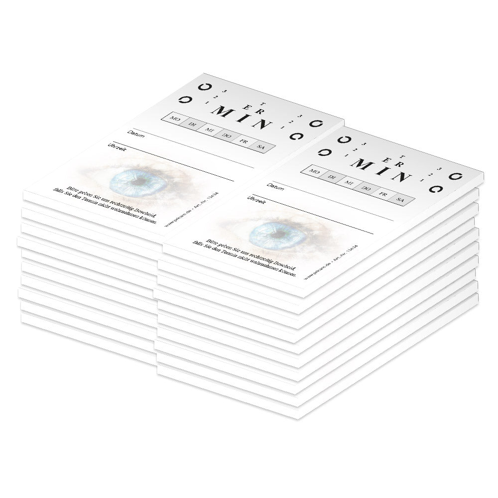 terminblöcke "sehtest" für augenärzte, weiß-graue optik, felder mo-so zum ankreuzen, spalten für datum und uhrzeit, freifeld für einen stempel, 20er set